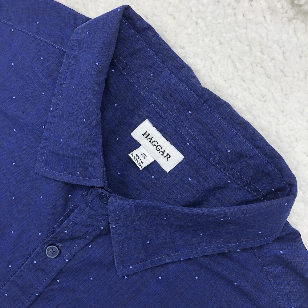 Haggar‎ Button Shirt Mens 2X Blue Geometric Dot Pocket Long Sleeve Dress Casual